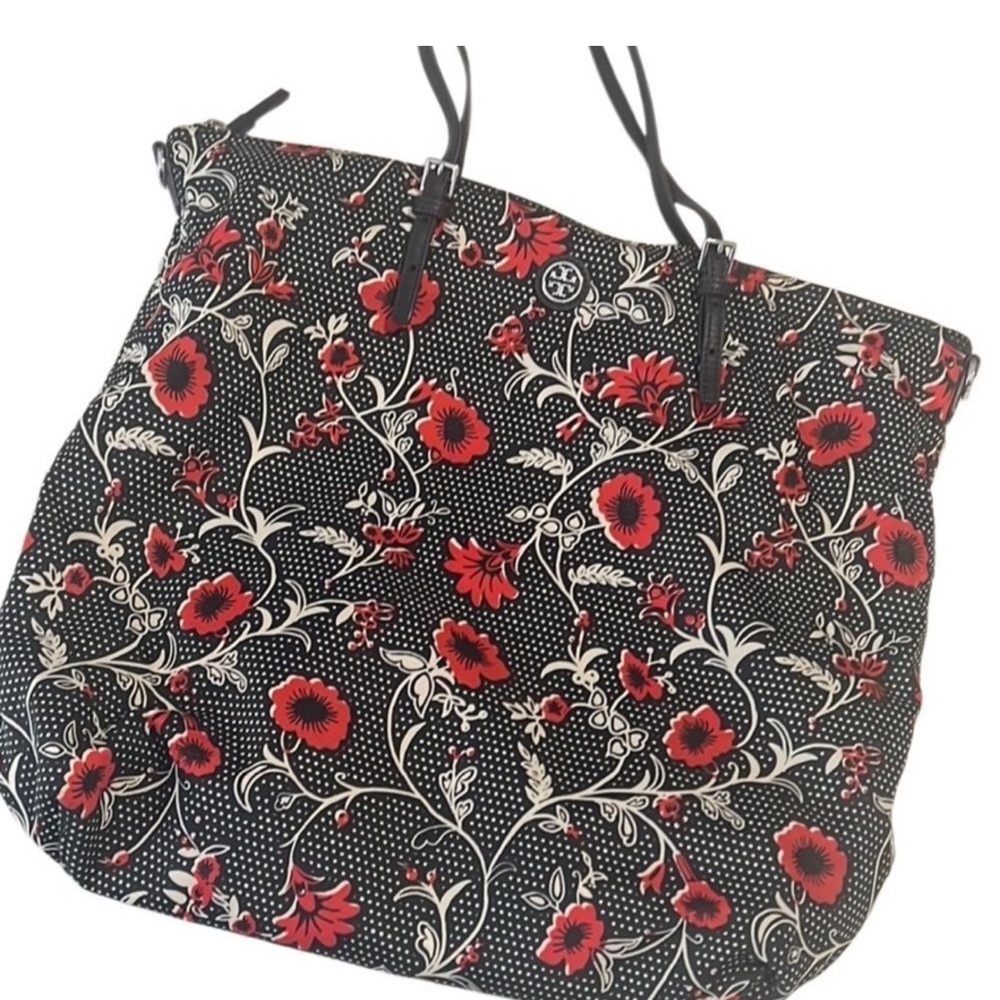 Tory Burch Virgina Floral Black Dual Straps Nylon Large Tote
